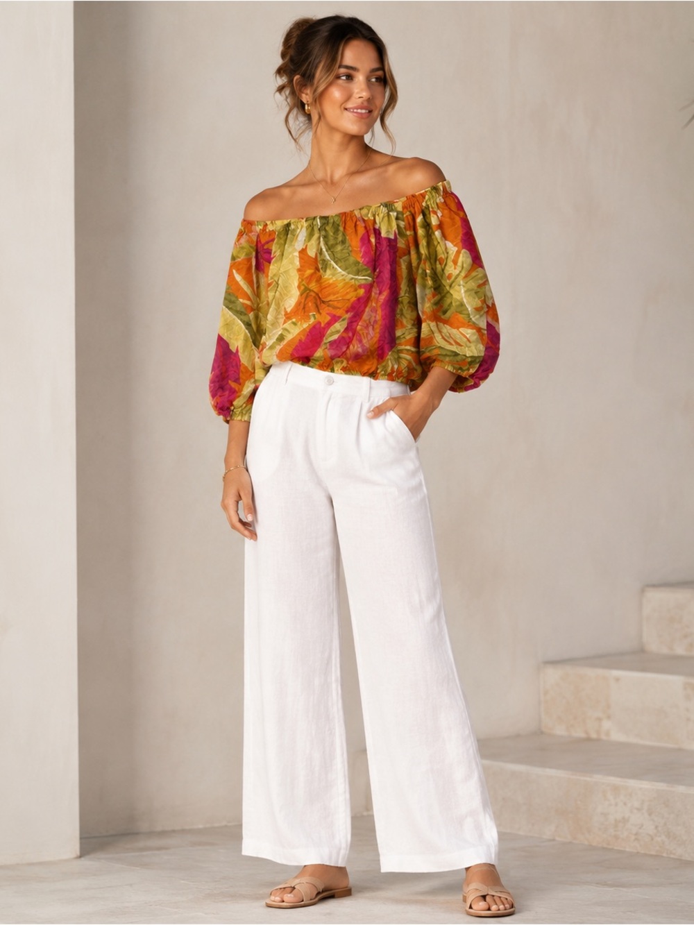 C&C California Tropical Floral Off Shoulder Balloon Sleeve Blouse XS x small
